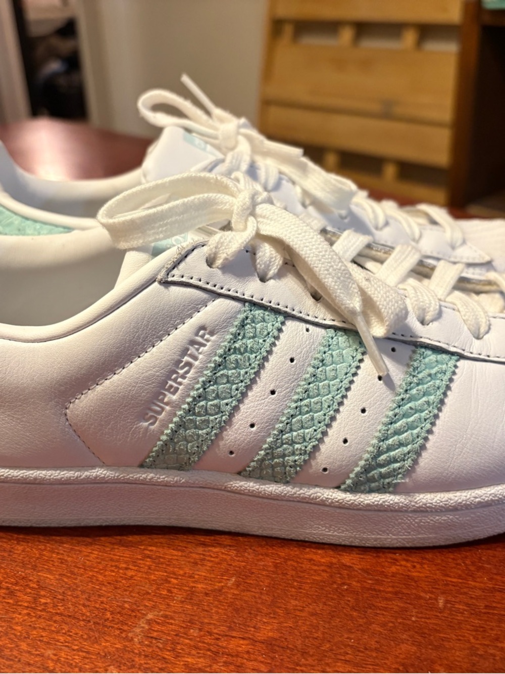 adidas Superstar Women's White Sneakers with Light Mint Stripes